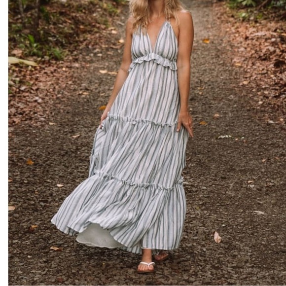 Lulus Vacay Babe Grey White Blue Striped Halter Maxi Dress M - Picture 15 of 15
